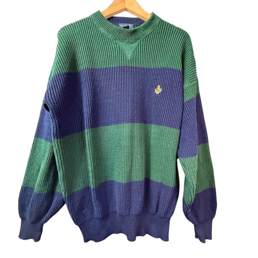 VTG Grant Rugger Sweater Mens Striped L‎ Chunky Preppy